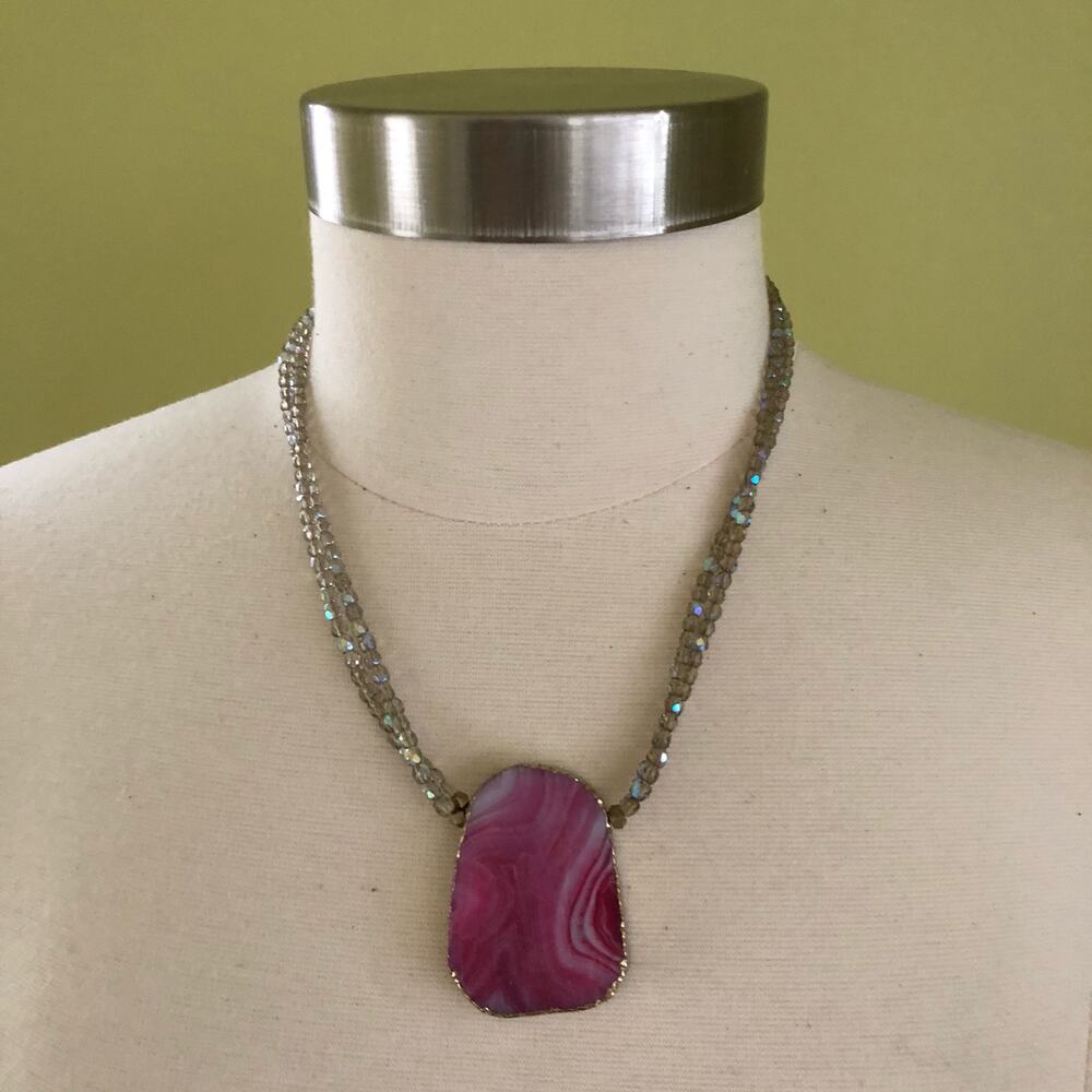 Chunky Pink Agate Pendant Glass Beaded Necklace Boho Festival Anthropologie